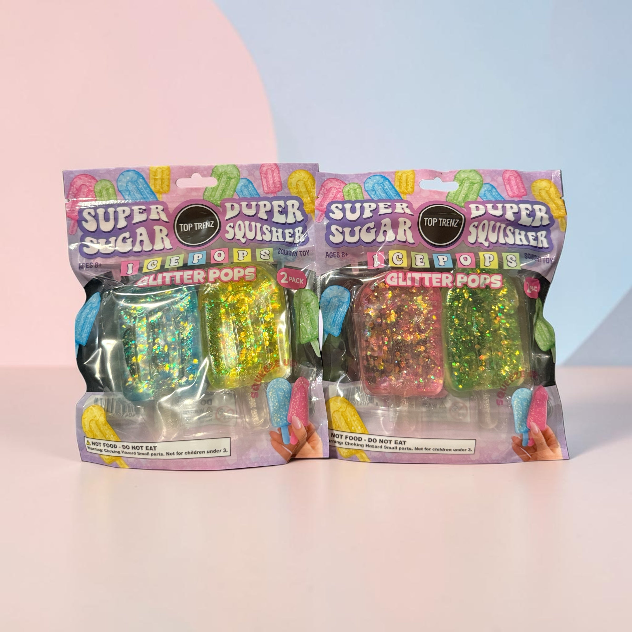 Trendzy Creations TOP TRENZ glitter-filled popsicle squishy fidget toys in two sealed retail packages